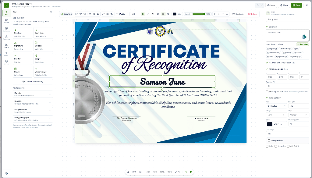 Sigasig Certificate Builder Canvas Interface